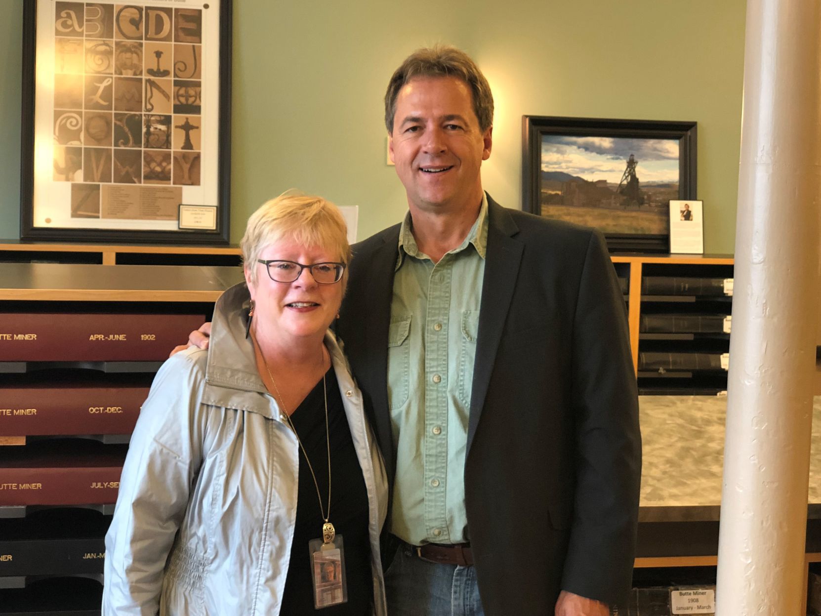 Ellen Crain and Gov. Steve Bullock at the Butte-Silver Bow Public Archives